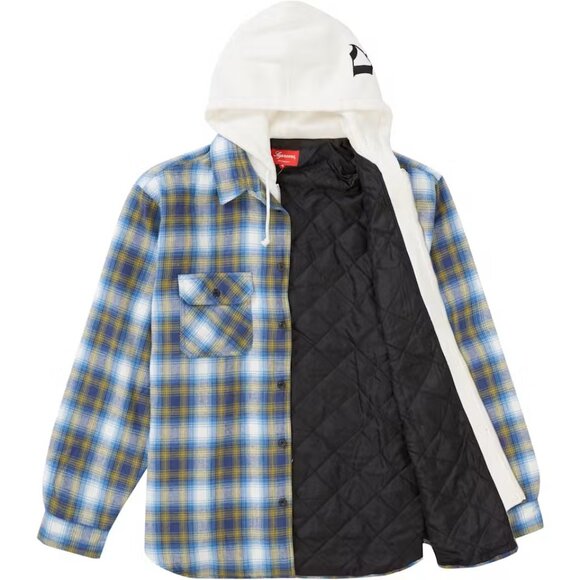 Supreme Hooded Flannel Zip Up Shirt Blue Green Plaid with Hoodie - Picture 2 of 5